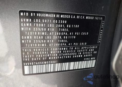 2019 Volkswagen Tiguan 2.0T Sel Premium/2.0T Sel Premium R-Line from USA, damaged, VIN 3VV4B7AX5KM028801